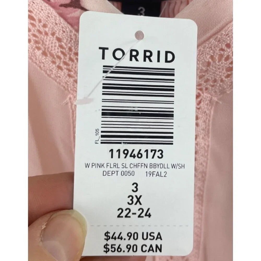 Torrid Women's 3X NWT Pink Floral Crochet Sharkbite Hem Chiffon Y2K babydoll Top - Picture 4 of 6